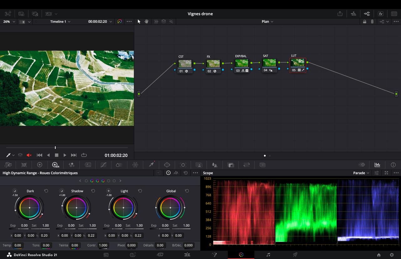Étalonnage d'un plan aérien de vignes dans DaVinci Resolve