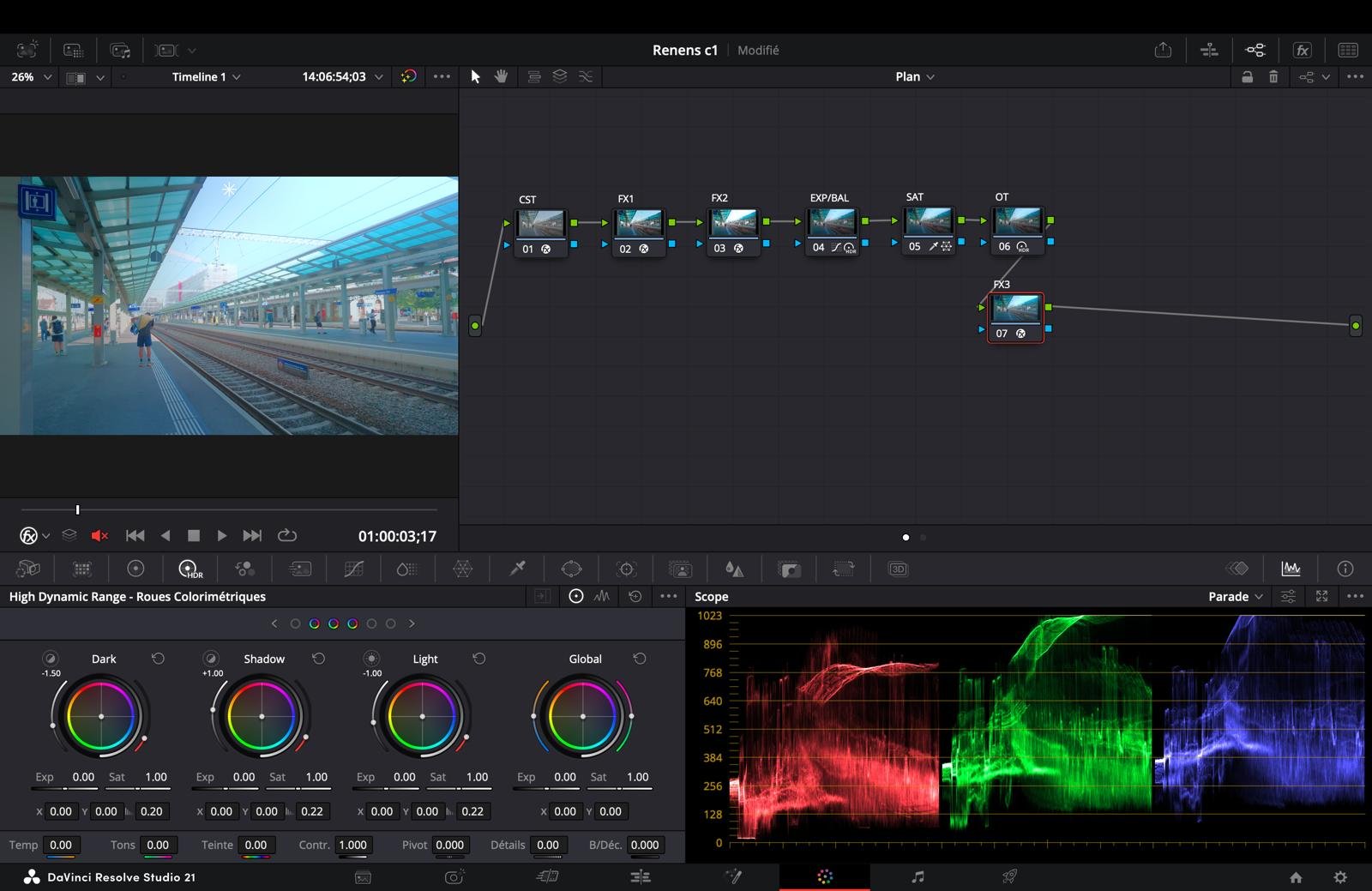 Étalonnage d'un plan de quai de gare dans DaVinci Resolve