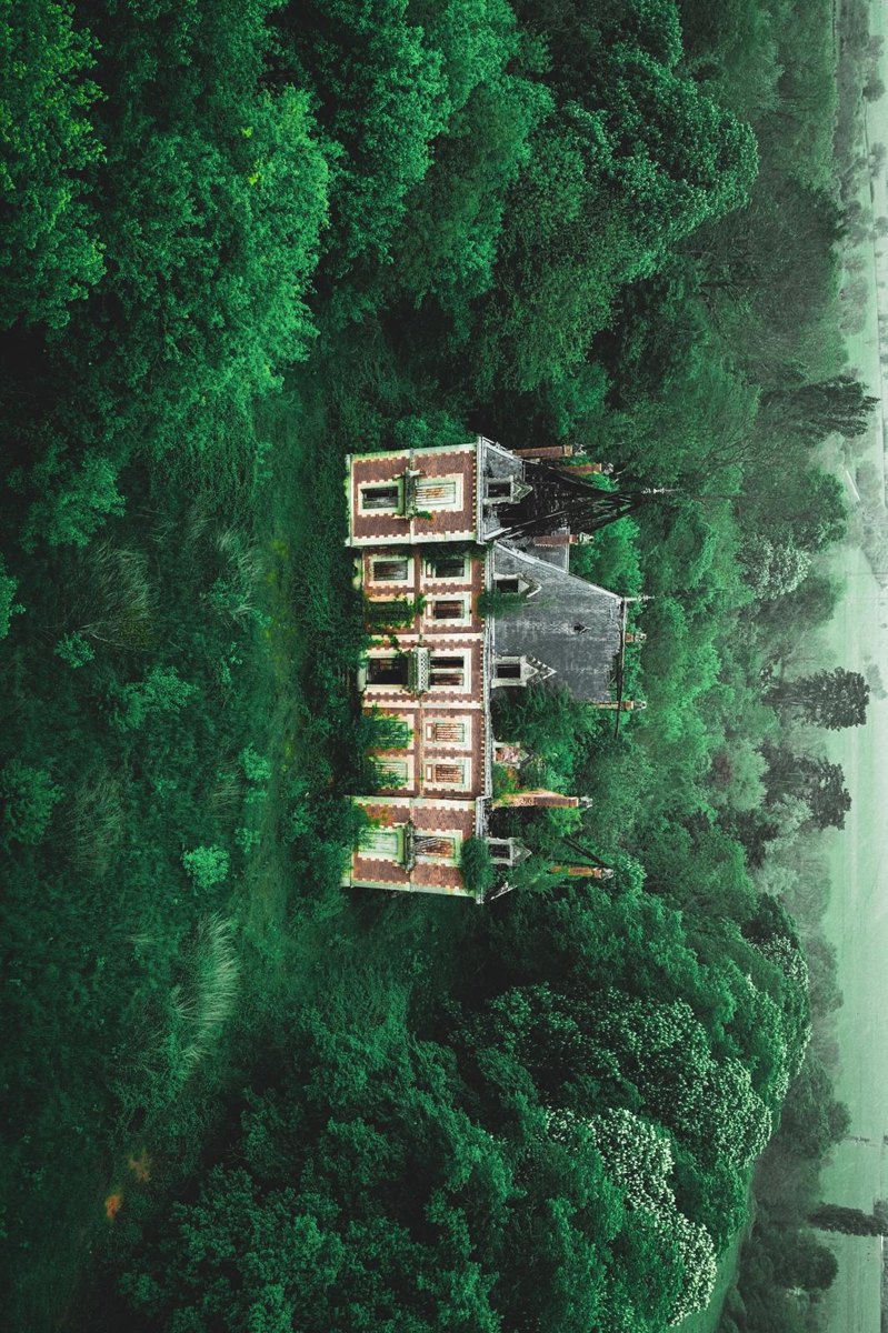 Manoir abandonné dans la forêt, vu du ciel